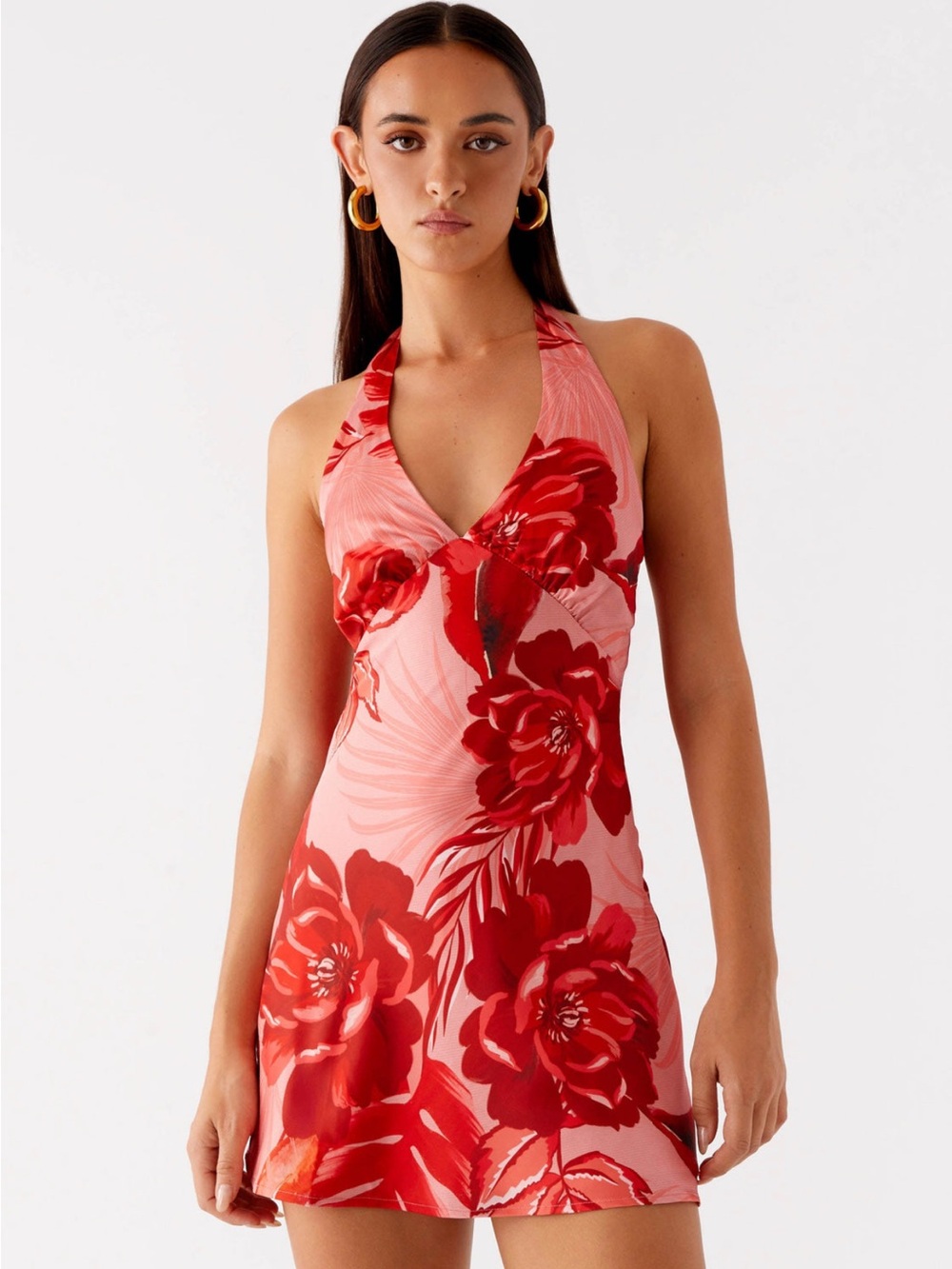 Peppermayo red halter floral mini dress